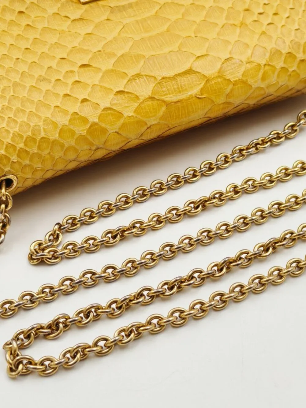 Salvatore Ferragamo Yellow Python Embossed Leather Chain Shoulder Bag Clutch
